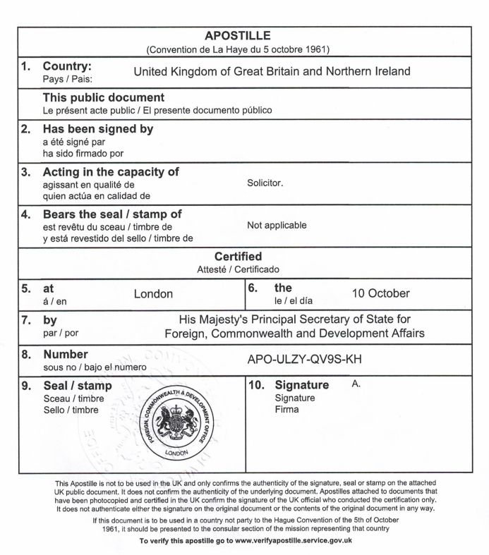 Sample apostille certificate
